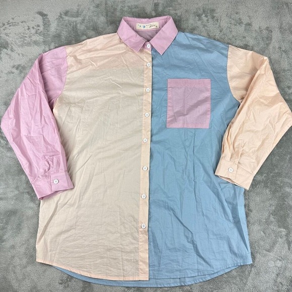O.VIANCA Colorblock Long Sleeve Cotton Button Up Shirt Size S Pastel - Picture 3 of 8